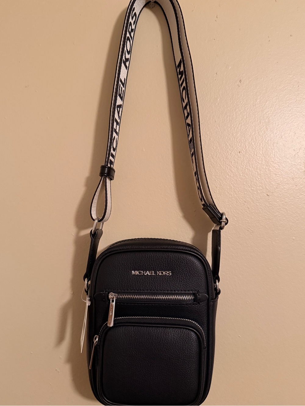 Michael Kors Black Leather Messenger Bag with Logo Strap